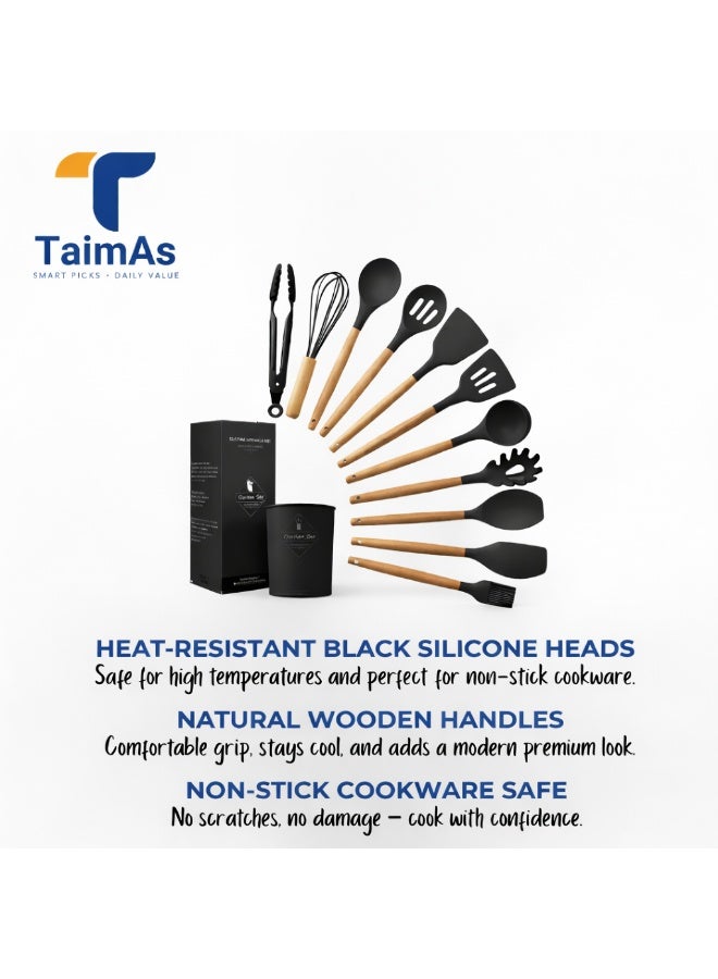 TaimAs Kitchen Utensil Set 12 Pieces Silicone Cooking Tools BPA-Free Heat Resistant Wooden Handle for Nonstick Cookware - Image 2